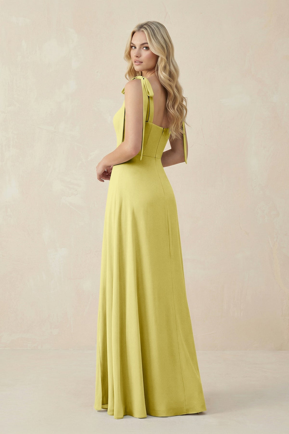 Square Neck Chiffon A - Line Bridesmaid Dress With Bow in Buttercup - KISS BRIDAL Bridesmaid Dresses