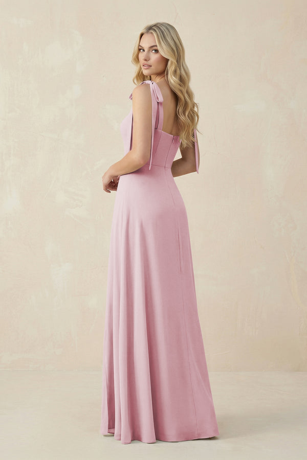 Square Neck Chiffon A - Line Bridesmaid Dress With Bow in Candy Pink - SHE IS ME Bridesmaid Dresses