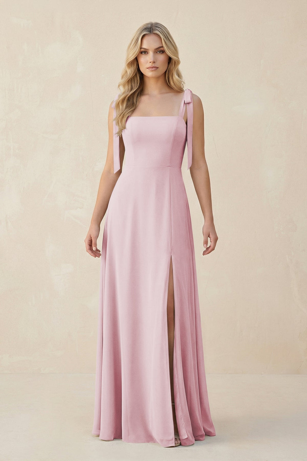 Square Neck Chiffon A - Line Bridesmaid Dress With Bow in Candy Pink - KISS BRIDAL Bridesmaid Dresses