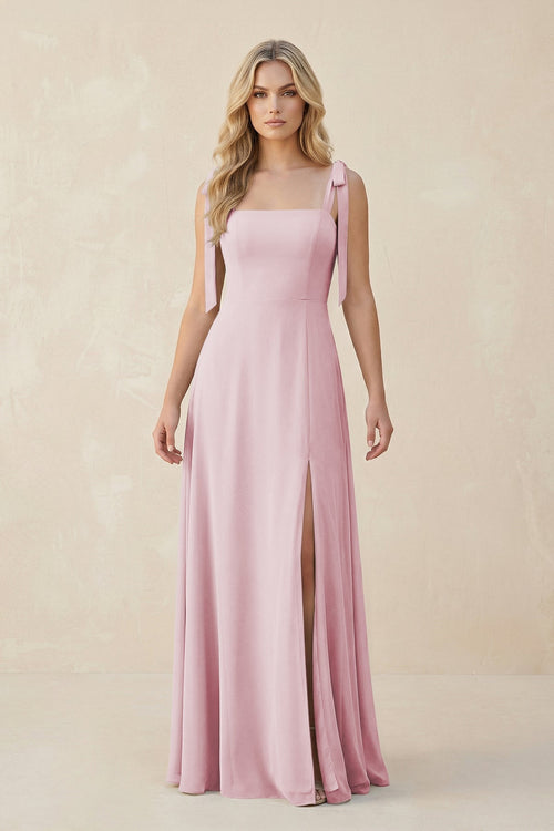 Square Neck Chiffon A - Line Bridesmaid Dress With Bow in Candy Pink - SHE IS ME Bridesmaid Dresses