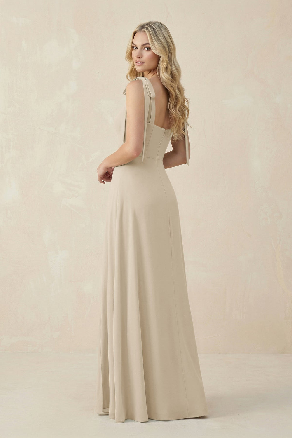 Square Neck Chiffon A - Line Bridesmaid Dress With Bow in Champagne - KISS BRIDAL Bridesmaid Dresses