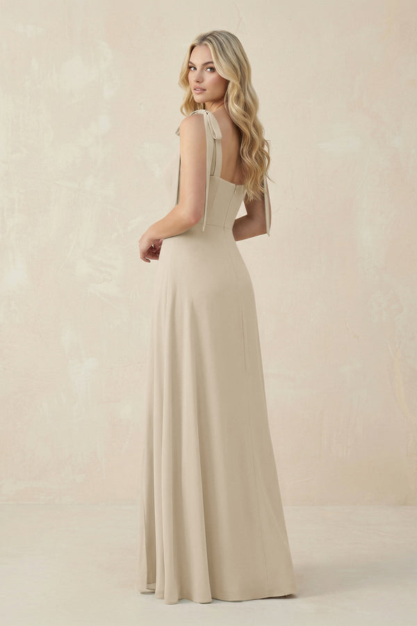 Square Neck Chiffon A - Line Bridesmaid Dress With Bow in Champagne - SHE IS ME Bridesmaid Dresses
