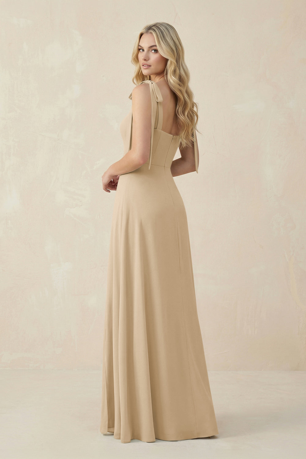 Square Neck Chiffon A-Line Bridesmaid Dress With Bow in Champagne