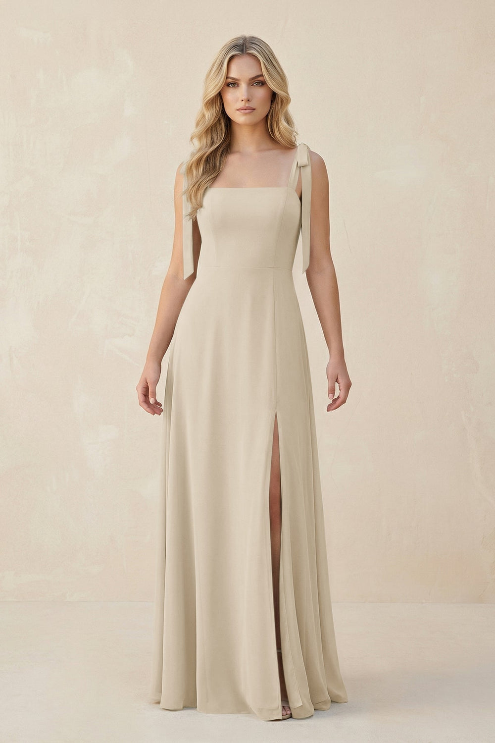 Square Neck Chiffon A - Line Bridesmaid Dress With Bow in Champagne - KISS BRIDAL Bridesmaid Dresses