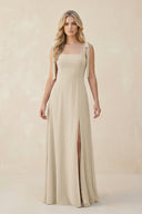 Square Neck Chiffon A - Line Bridesmaid Dress With Bow in Champagne - SHE IS ME Bridesmaid Dresses