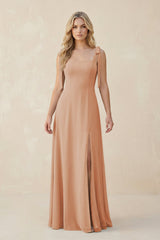 Square Neck Chiffon A - Line Bridesmaid Dress With Bow in Champagne Rose - KISS BRIDAL Bridesmaid Dresses