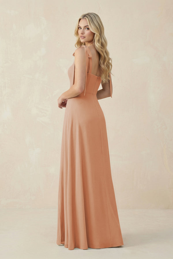 Square Neck Chiffon A - Line Bridesmaid Dress With Bow in Champagne Rose - SHE IS ME Bridesmaid Dresses