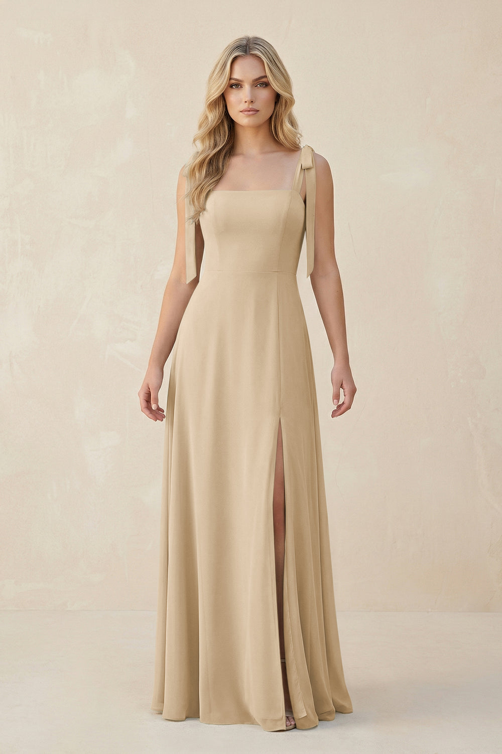 Square Neck Chiffon A-Line Bridesmaid Dress With Bow in Champagne