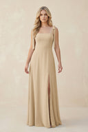 Square Neck Chiffon A-Line Bridesmaid Dress With Bow in Champagne | KISSBRIDAL