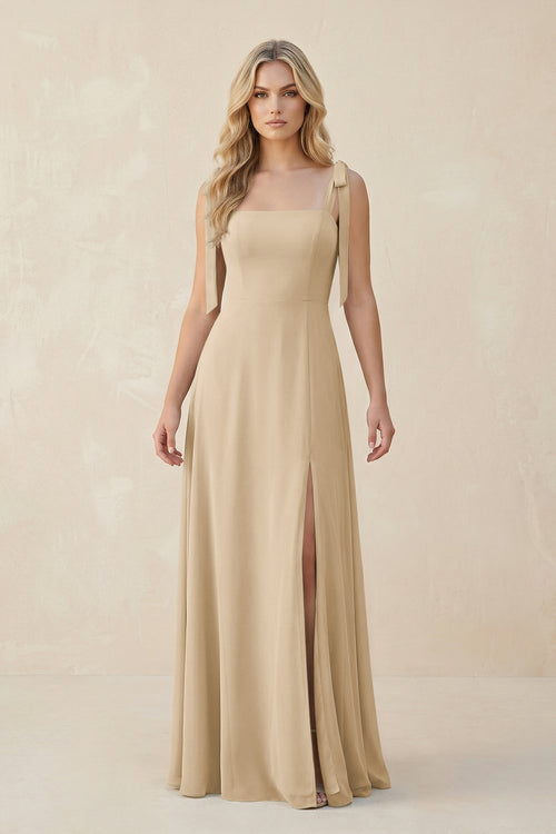Square Neck Chiffon A-Line Bridesmaid Dress With Bow in Champagne | KISSBRIDAL