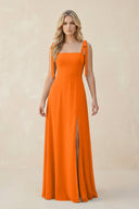 Square Neck Chiffon A - Line Bridesmaid Dress With Bow in Cinnamon - SHE IS ME Bridesmaid Dresses