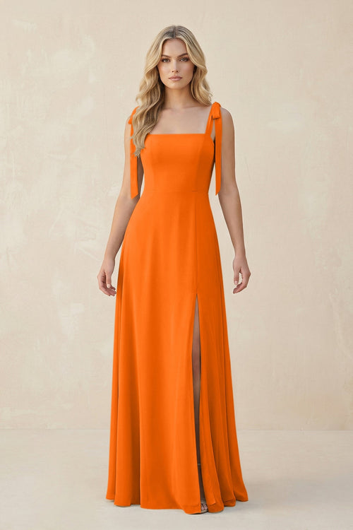 Square Neck Chiffon A - Line Bridesmaid Dress With Bow in Cinnamon - SHE IS ME Bridesmaid Dresses