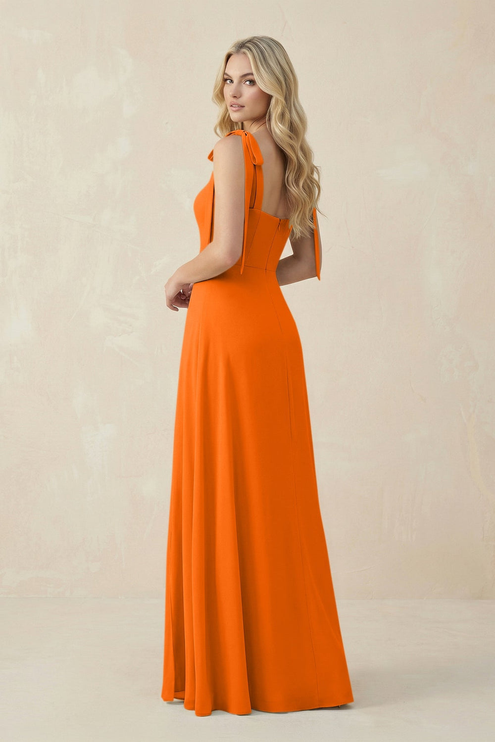 Square Neck Chiffon A - Line Bridesmaid Dress With Bow in Cinnamon - KISS BRIDAL Bridesmaid Dresses