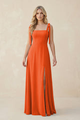 Square Neck Chiffon A-Line Bridesmaid Dress With Bow in Cinnamon | KISSBRIDAL