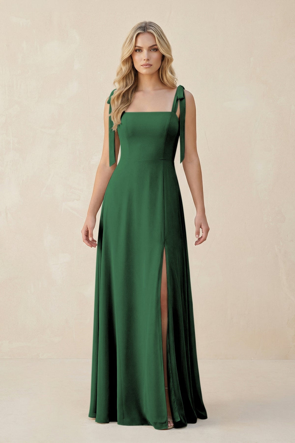 Square Neck Chiffon A - Line Bridesmaid Dress With Bow in Dark Green - KISS BRIDAL Bridesmaid Dresses
