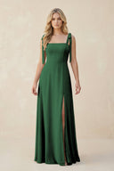 Square Neck Chiffon A - Line Bridesmaid Dress With Bow in Dark Green - SHE IS ME Bridesmaid Dresses