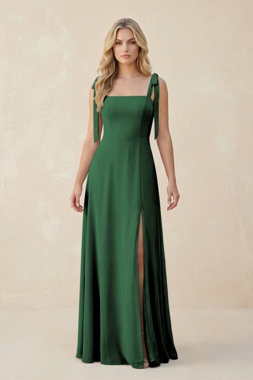 Square Neck Chiffon A - Line Bridesmaid Dress With Bow in Dark Green - SHE IS ME Bridesmaid Dresses