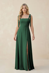 Square Neck Chiffon A-Line Bridesmaid Dress With Bow in Dark Green | KISSBRIDAL