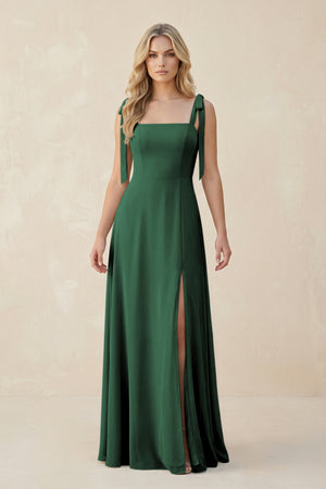 Square Neck Chiffon A-Line Bridesmaid Dress With Bow in Dark Green | KISSBRIDAL