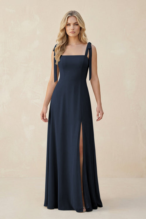 Square Neck Chiffon A - Line Bridesmaid Dress With Bow in Dark Navy - SHE IS ME Bridesmaid Dresses