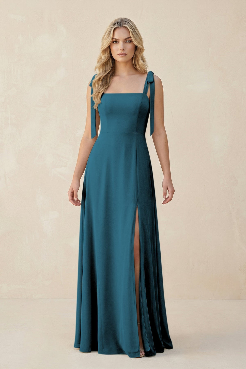 Square Neck Chiffon A - Line Bridesmaid Dress With Bow in Dark Teal - KISS BRIDAL Bridesmaid Dresses