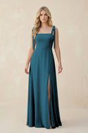 Square Neck Chiffon A - Line Bridesmaid Dress With Bow in Dark Teal - SHE IS ME Bridesmaid Dresses