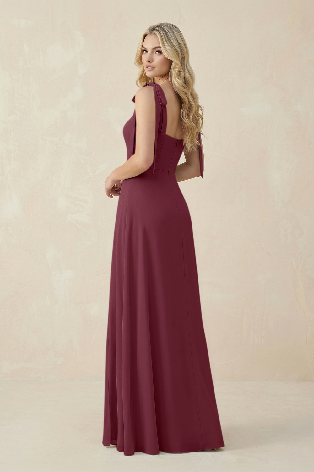 Square Neck Chiffon A-Line Bridesmaid Dress With Bow in Desert Rose