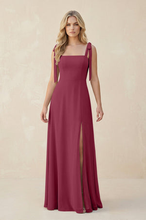 Square Neck Chiffon A - Line Bridesmaid Dress With Bow in Desert Rose - SHE IS ME Bridesmaid Dresses