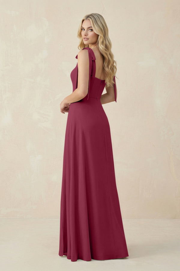 Square Neck Chiffon A - Line Bridesmaid Dress With Bow in Desert Rose - SHE IS ME Bridesmaid Dresses
