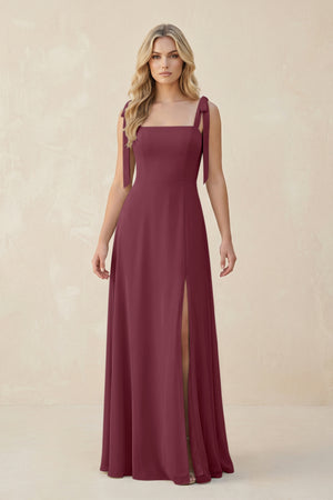 Square Neck Chiffon A-Line Bridesmaid Dress With Bow in Desert Rose | KISSBRIDAL