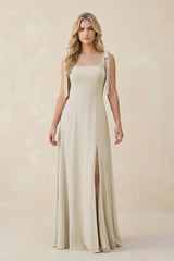 Square Neck Chiffon A - Line Bridesmaid Dress With Bow in Dove Gray - KISS BRIDAL Bridesmaid Dresses