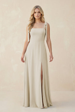 Square Neck Chiffon A - Line Bridesmaid Dress With Bow in Dove Gray - SHE IS ME Bridesmaid Dresses