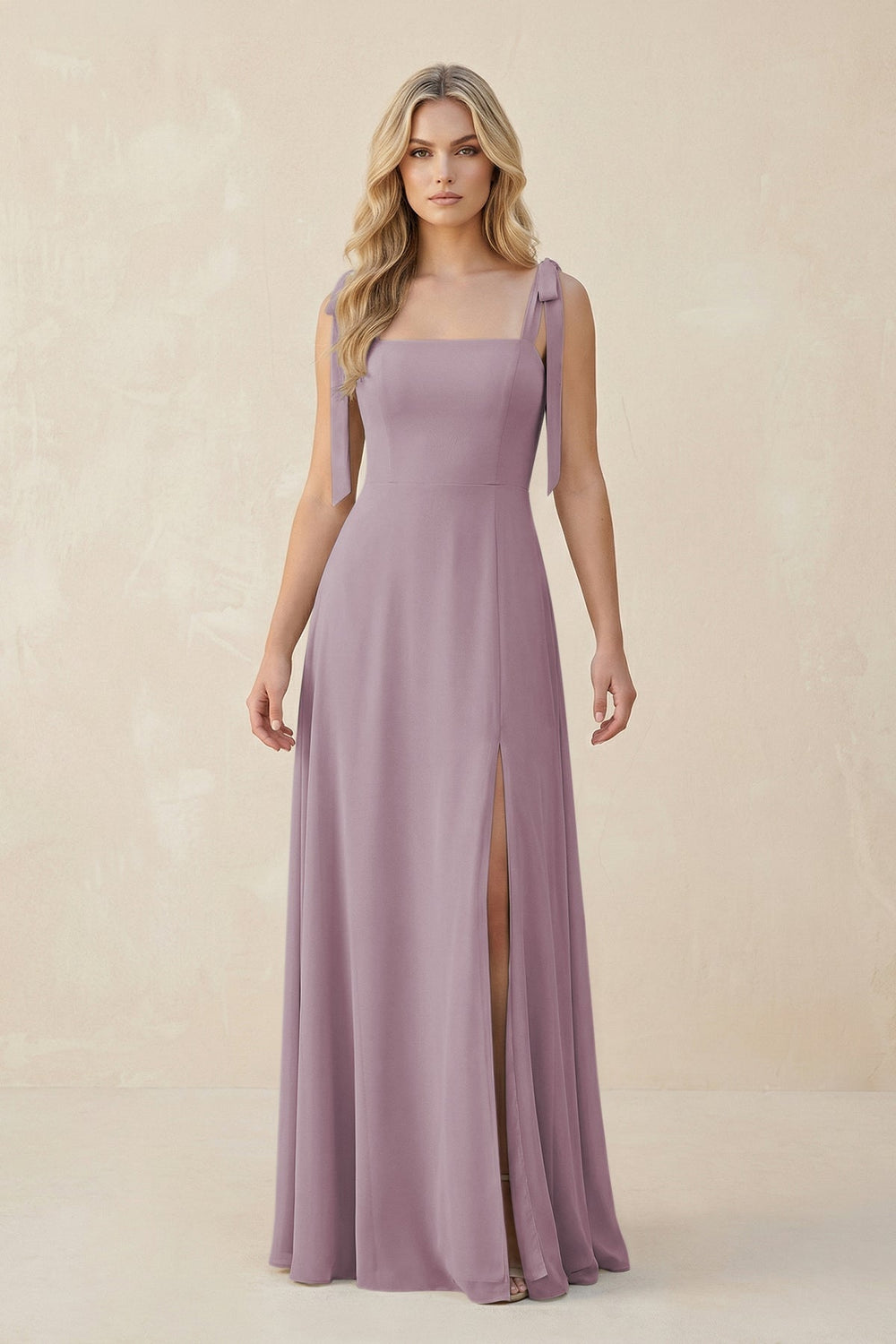 Square Neck Chiffon A - Line Bridesmaid Dress With Bow in Dusk - KISS BRIDAL Bridesmaid Dresses