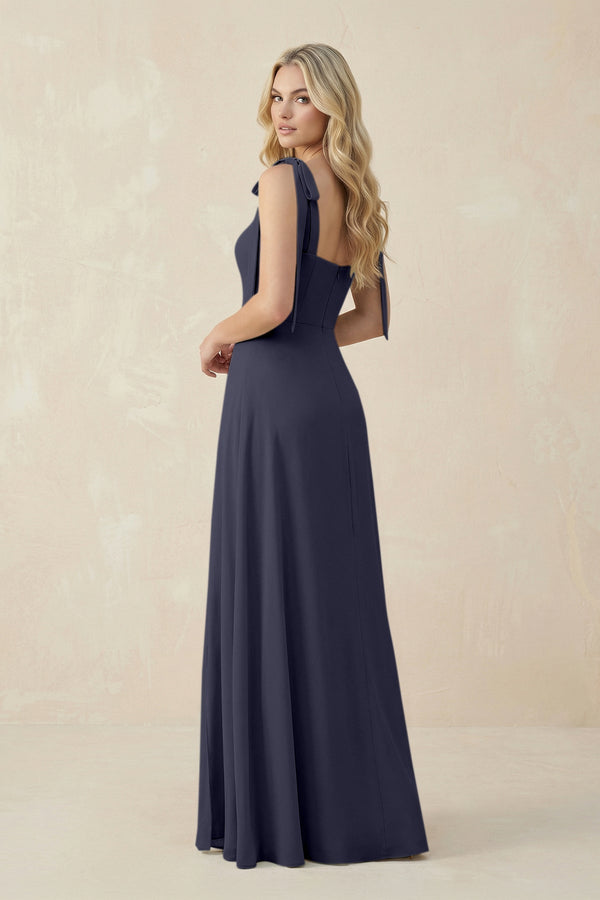 Square Neck Chiffon A - Line Bridesmaid Dress With Bow in Dusk Blue - SHE IS ME Bridesmaid Dresses