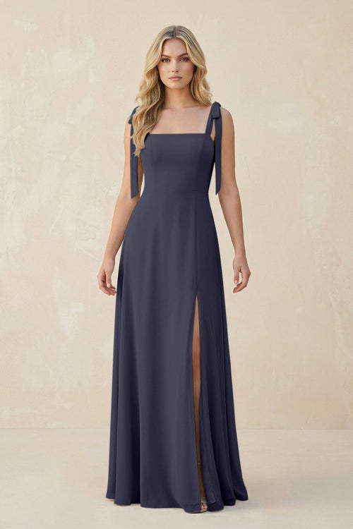 Square Neck Chiffon A - Line Bridesmaid Dress With Bow in Dusk Blue - SHE IS ME Bridesmaid Dresses