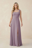 Square Neck Chiffon A-Line Bridesmaid Dress With Bow in Dusk | KISSBRIDAL