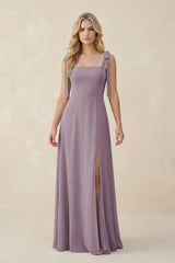 Square Neck Chiffon A-Line Bridesmaid Dress With Bow in Dusk | KISSBRIDAL