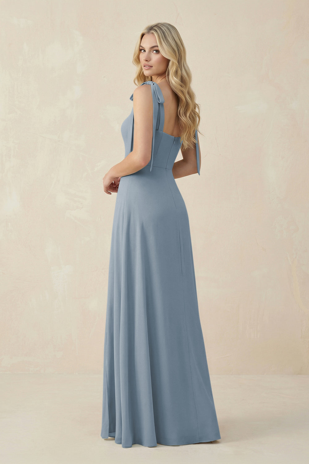 Square Neck Chiffon A-Line Bridesmaid Dress With Bow in Dusty Blue