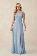 Square Neck Chiffon A - Line Bridesmaid Dress With Bow in Dusty Blue - SHE IS ME Bridesmaid Dresses