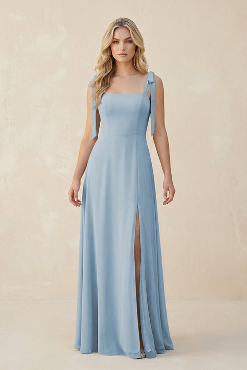 Square Neck Chiffon A - Line Bridesmaid Dress With Bow in Dusty Blue - SHE IS ME Bridesmaid Dresses