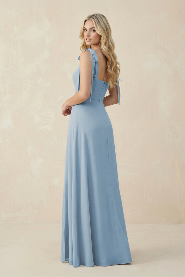 Square Neck Chiffon A - Line Bridesmaid Dress With Bow in Dusty Blue - SHE IS ME Bridesmaid Dresses