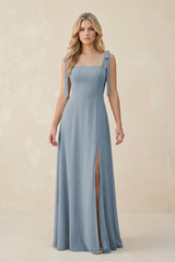 Square Neck Chiffon A-Line Bridesmaid Dress With Bow in Dusty Blue | KISSBRIDAL