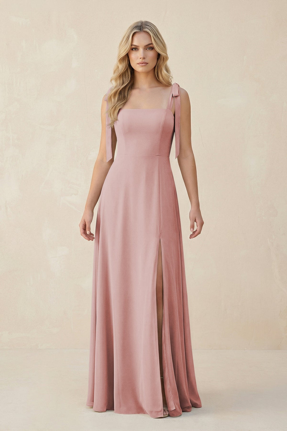 Square Neck Chiffon A - Line Bridesmaid Dress With Bow in Dusty Rose - KISS BRIDAL Bridesmaid Dresses