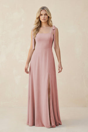 Square Neck Chiffon A - Line Bridesmaid Dress With Bow in Dusty Rose - SHE IS ME Bridesmaid Dresses