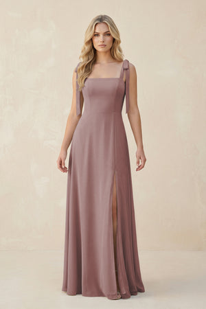 Square Neck Chiffon A-Line Bridesmaid Dress With Bow in Dusty Rose | KISSBRIDAL