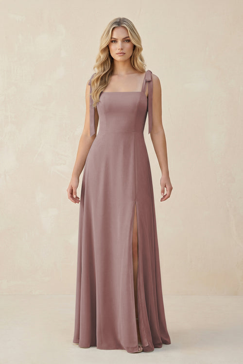 Square Neck Chiffon A-Line Bridesmaid Dress With Bow in Dusty Rose | KISSBRIDAL