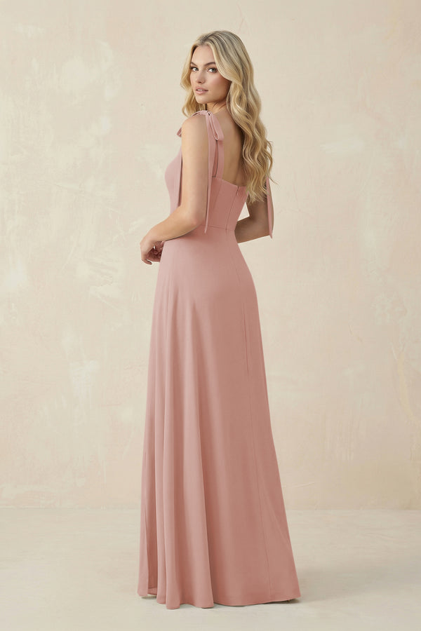 Square Neck Chiffon A-Line Bridesmaid Dress With Bow in English Rose (2) | KISSBRIDAL