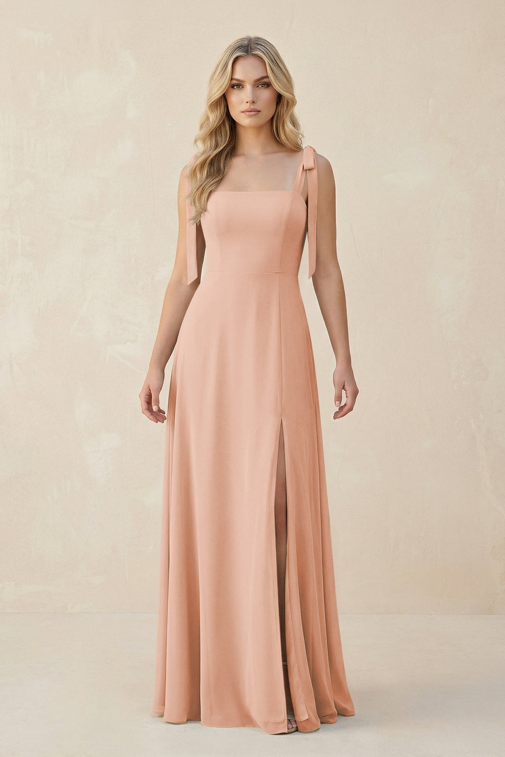 Square Neck Chiffon A - Line Bridesmaid Dress With Bow in English Rose - KISS BRIDAL Bridesmaid Dresses