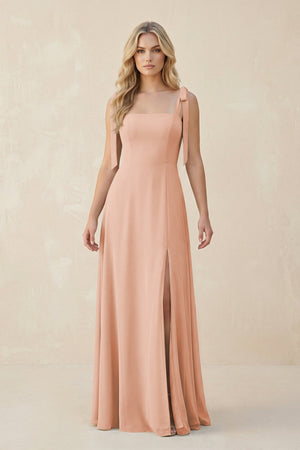 Square Neck Chiffon A - Line Bridesmaid Dress With Bow in English Rose - SHE IS ME Bridesmaid Dresses