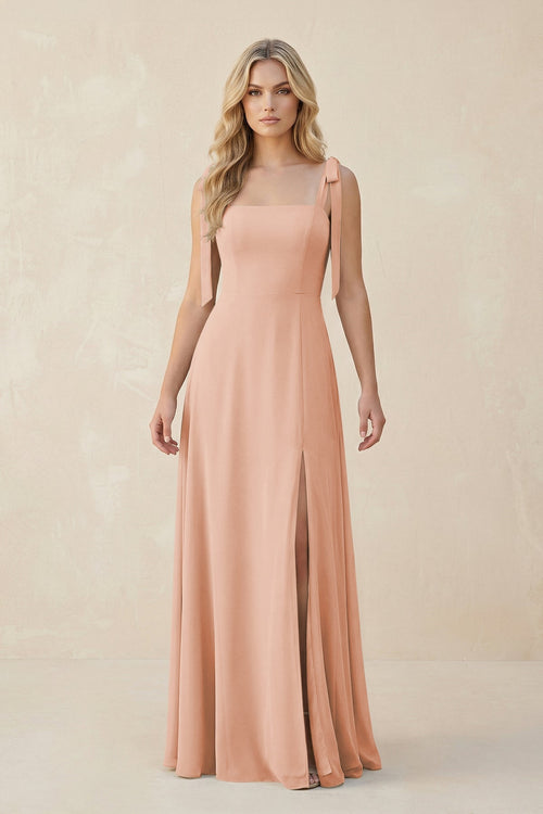 Square Neck Chiffon A - Line Bridesmaid Dress With Bow in English Rose - SHE IS ME Bridesmaid Dresses